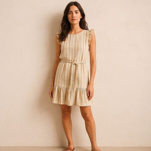 Marine Layer Linen Blend Stripe Dress XS Braided Belt Neutral Coastal Style NWT